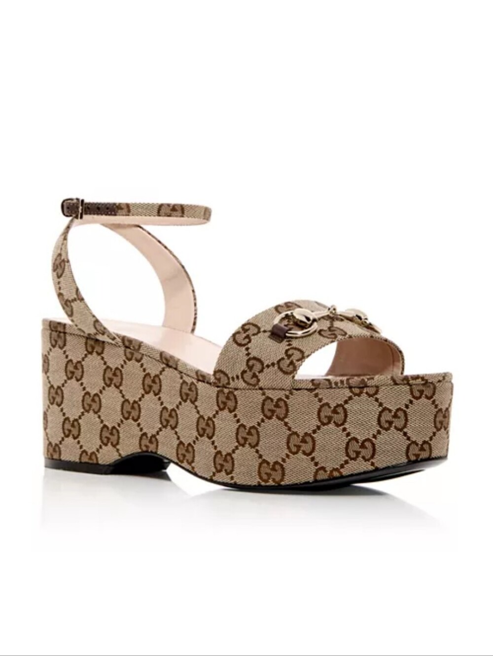 Gucci Lady Horsebit Tan Monogram Platform Wedges Sandals Size 36